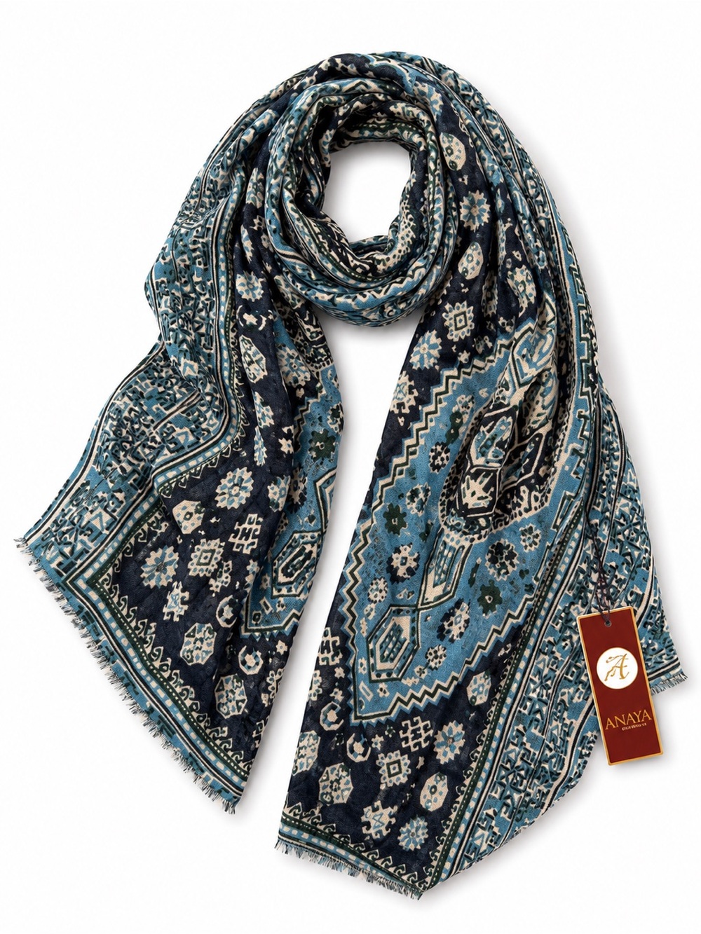 Luxury Teal and Navy Paisley-Print Lightweight Scarf